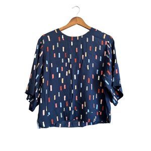 BODEN Women's blue Confetti 3/4 Sleeve Round Neck Back Zip Pullover Top Size 4